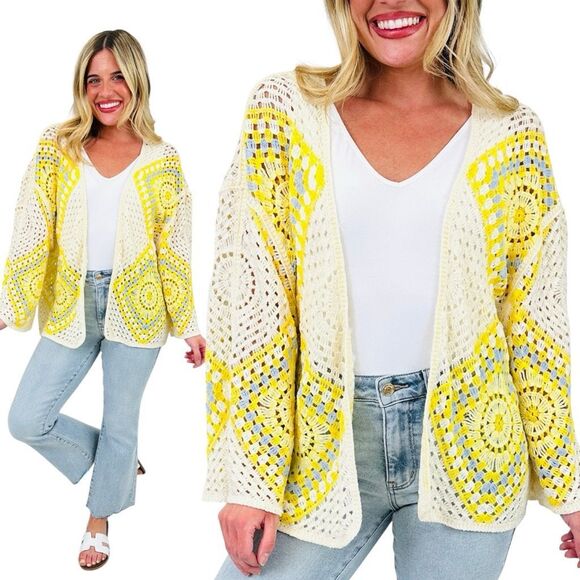 POL Crochet Granny Square Cardigan Yellow Boho Festival Layering NEW - Picture 5 of 11